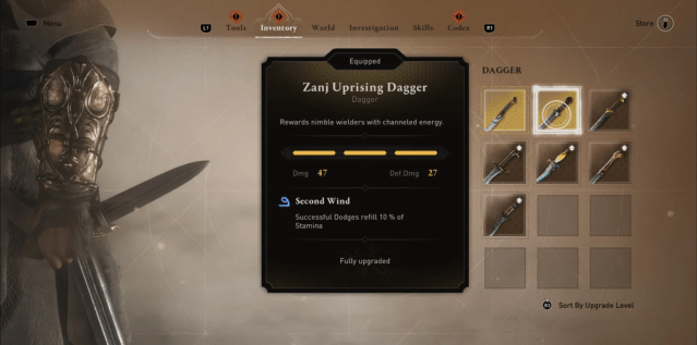 Zanj Uprising Dagger in the player's inventory and fully upgraded in AC Mirage