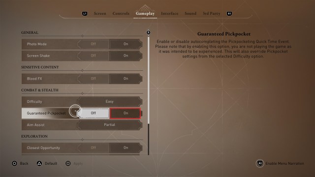 The Gameplay Settings panel of Assassin's Creed Mirage.