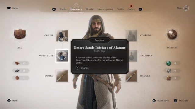 Assassin's Creed Mirage's inventory screen, showing off the dye Basim has equipped.