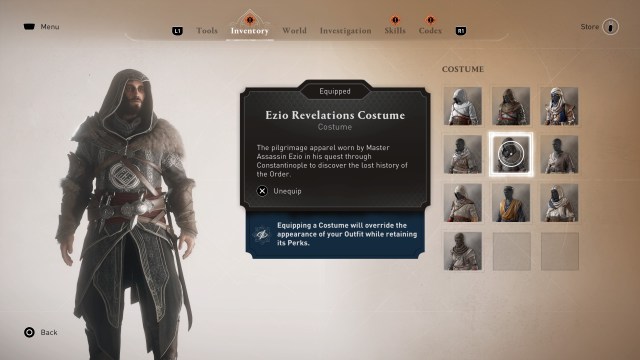 Basim modeling the Ezio Revelations outfit in Assassin's Creed Mirage's main menu.