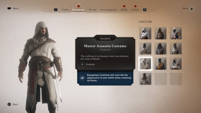 Basim modeling the Master Assassin outfit in Assassin's Creed Mirage's main menu.