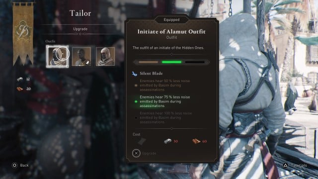 Basim speaking to a tailor and viewing upgrade options in Assassin's Creed Mirage.