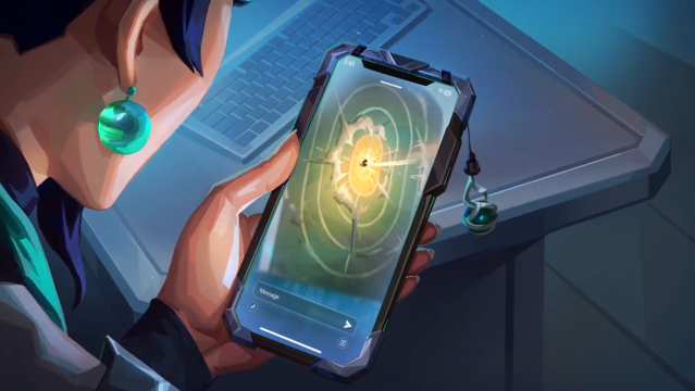 VALORANT agent Sage looks at her phone at an image of a range target being shot in VALORANT.