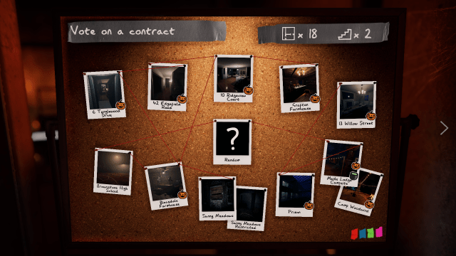 The contract board in Phasmophobia with pumpkin stickers on the event locations. 