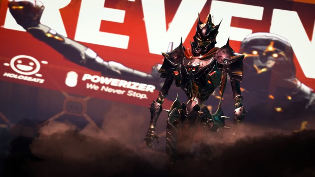 Revenant, wearing his Prestige skin, stands in front of a large billboard displaying himself and his name in bold white letters.