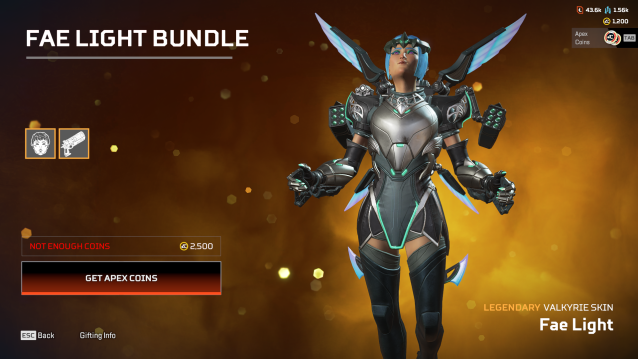 Valkyrie in her "Fae Light" skin is presented in the Apex Legends storefront. She is dressed in futuristic silver, neon blue and neon green armor. She has a black crown on.