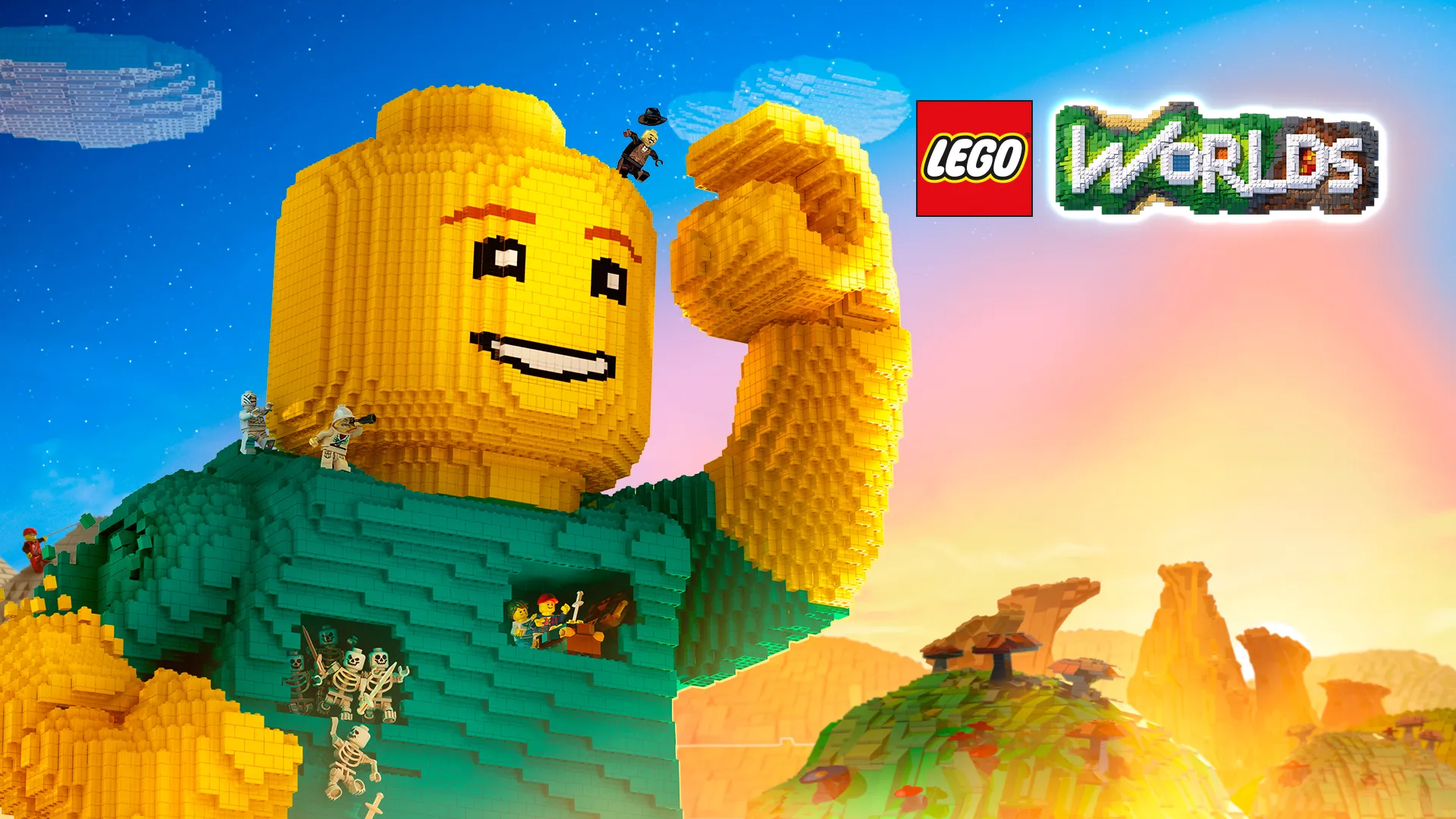 Promotional artwork for LEGO Worlds showing a giant minifigure.