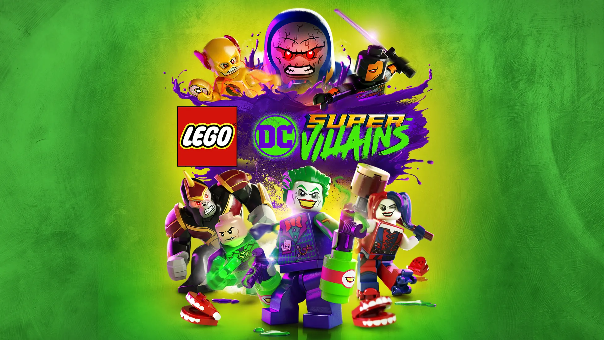 Promotional artwork for LEGO DC Supervillains showing The Joker, Harley Quinn, Lex Luthor, Gorilla Grodd, Deathstroke, Darkseid, and Reverse Flash.