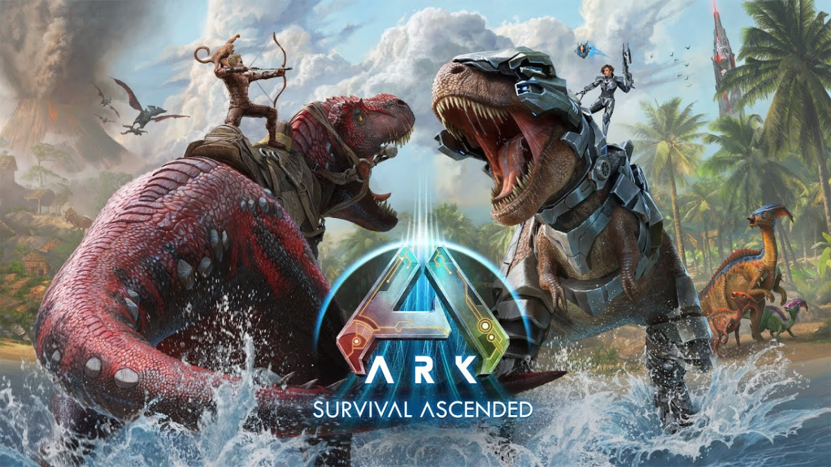 Two dinosaurs battle with riders on their backs in the Ark Survival Ascended keyart imagery