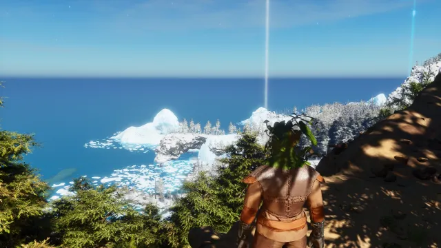 The character player stands at an overlook, showing a large sea in front of them.