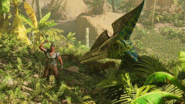 A character standing in a jungle next to a giant green Pteranodon in Ark: Survival Ascended.