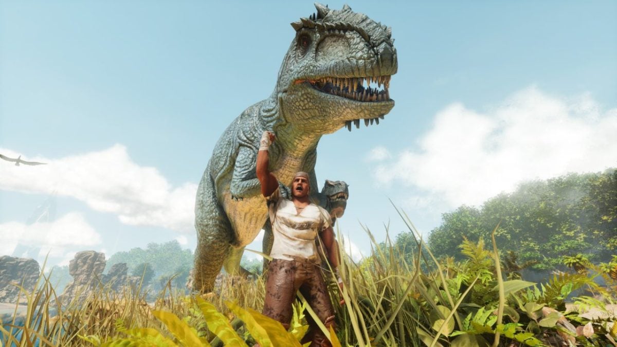 asa spawn tamed dinosaurs. A giant T-Rex stands behind a male character