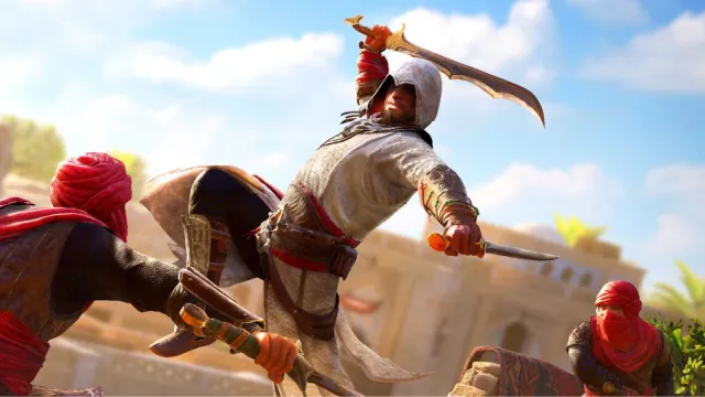 Basim attaque des ennemis dans le mirage d'Assassin's Creed