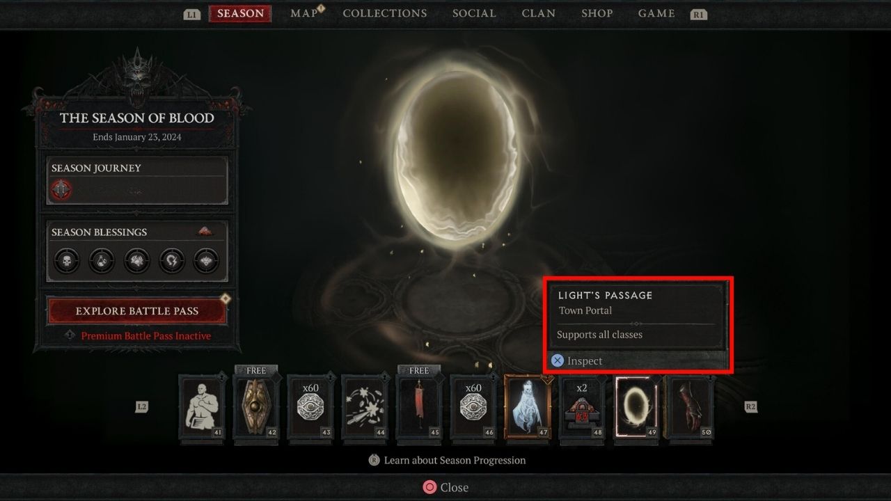 Red box outlining town portal effect in battle pass in diablo 4 season 2