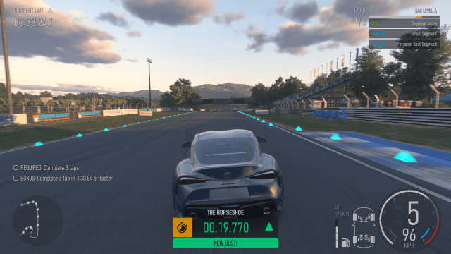 A Practice session in Forza Motorsport showing speed through a Segment and a Segment Score.