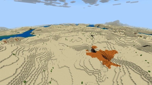 An enormous Minecraft desert viewed from above.