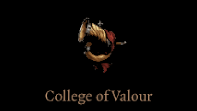 The Bard College of Valor's Symbol—a twisting horn accentuated by scarlet cloth—is shown on a black background from BG3.