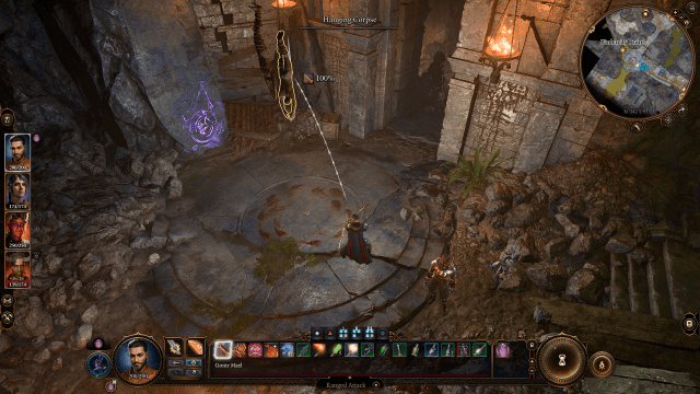 a screenshot of the hanging corpse in Baldur's Gate 3.