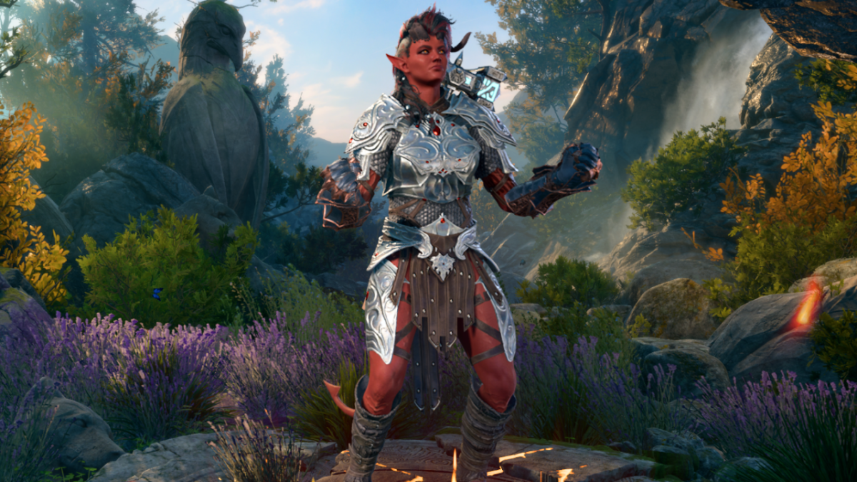 The red-skinned Tiefling woman Karlach, with a broken horn, a full horn, and plate armor, stretches and roars at the sky as she rages on the character customization screen of BG3.