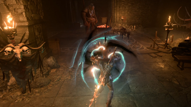A dark skinned Warlock with heavy armor and a flaming sword channels eldritch energy while targeting a large ogre woman in Baldur's Gate 3.