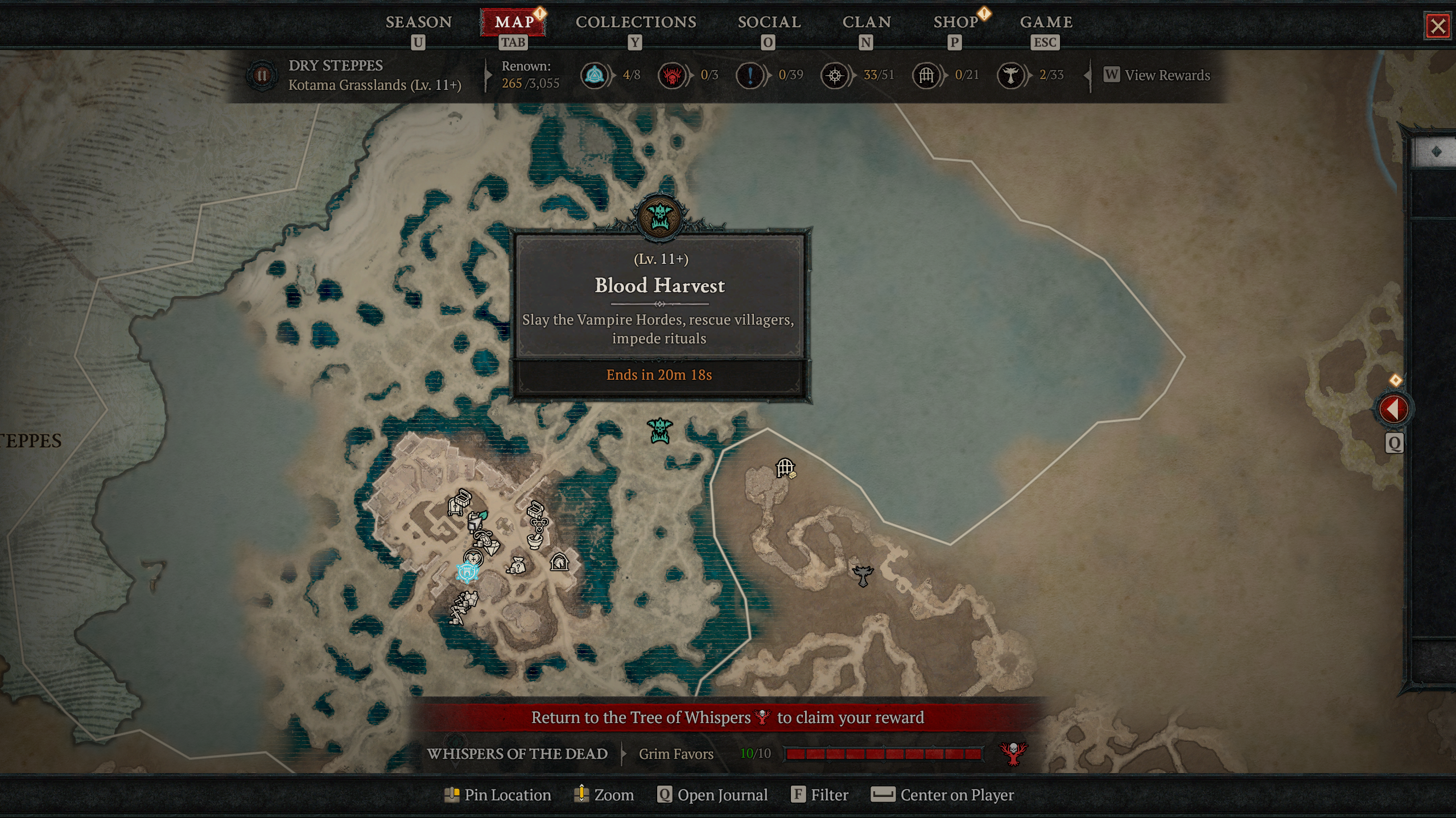 Sanctuary map showing a blood harvest event in Diablo 4 Season 2