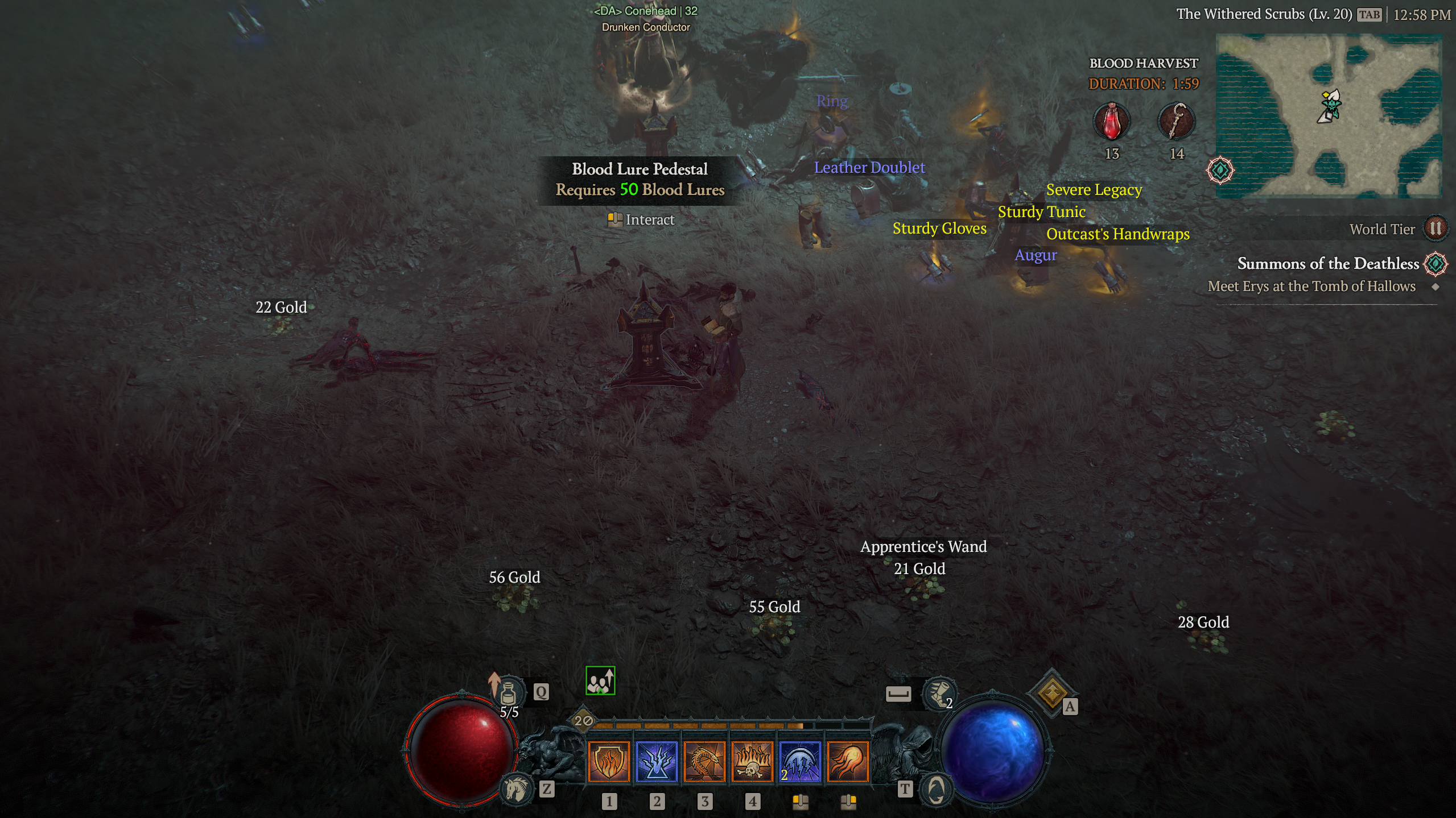 A Blood Lure Pedestal needing 50 Blood Lures, with tons of gear scattered on the ground, in Diablo 4.