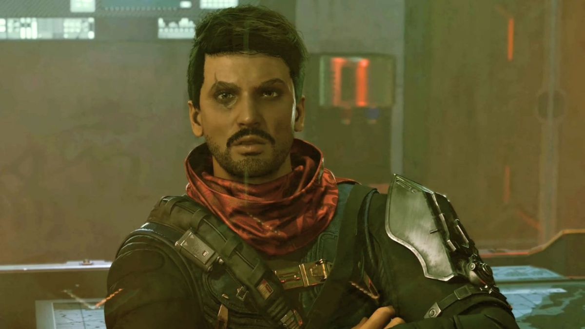 Delgado, aman wearing armor with dark hair on a space station in Starfield
