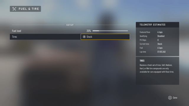 The fuel and tire strategy menu in Forza Motorsport, showing a slider for fuel load.