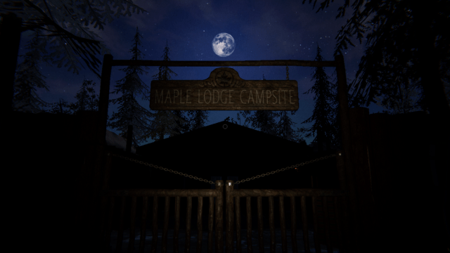 Full moon over the wooden sign reading "Maple Lodge Campsite" with the gates shut underneath it.