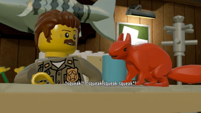 An in-game image from LEGO City Undercover showing a police officer and a squirrel.