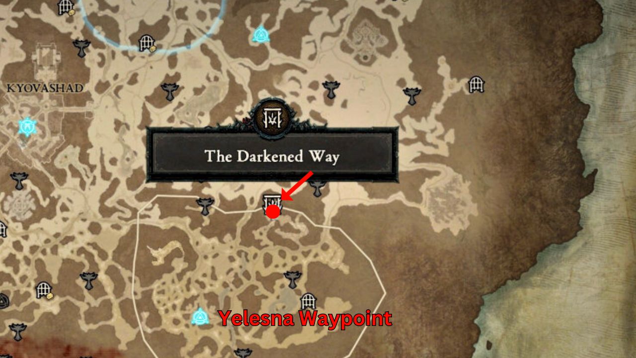 Red arrow pointing to waypoint and the dungeon for Metamorphosis in Diablo 4