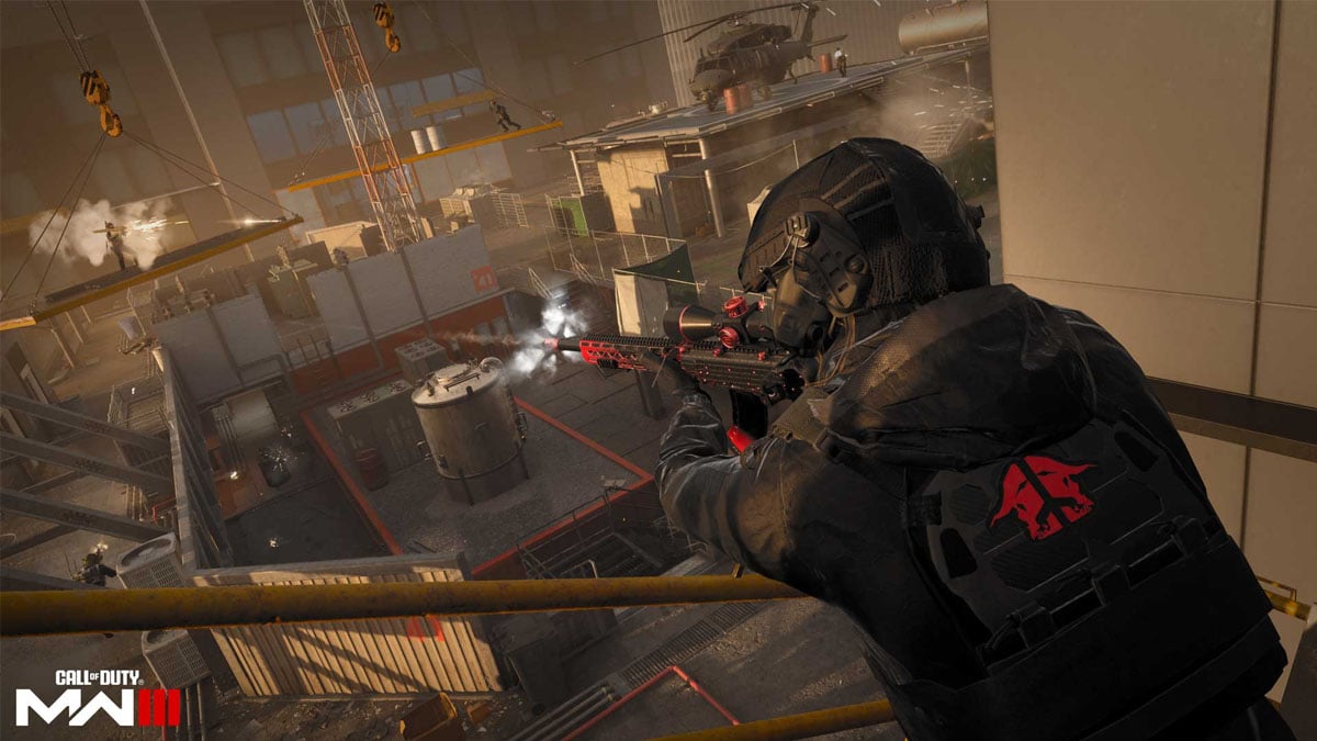 A soldier with a backpack stands on a building looking down at a rooftop as a firefight takes place in Call of Duty: Modern Warfare 3.