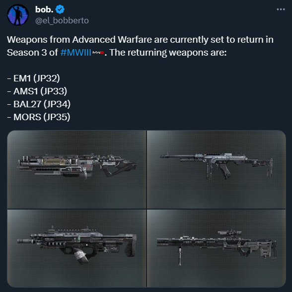 A screenshot of a tweet by CoD leaker @el_bobberto describing four Advanced Warfare guns allegedly coming to MW3's season three.
