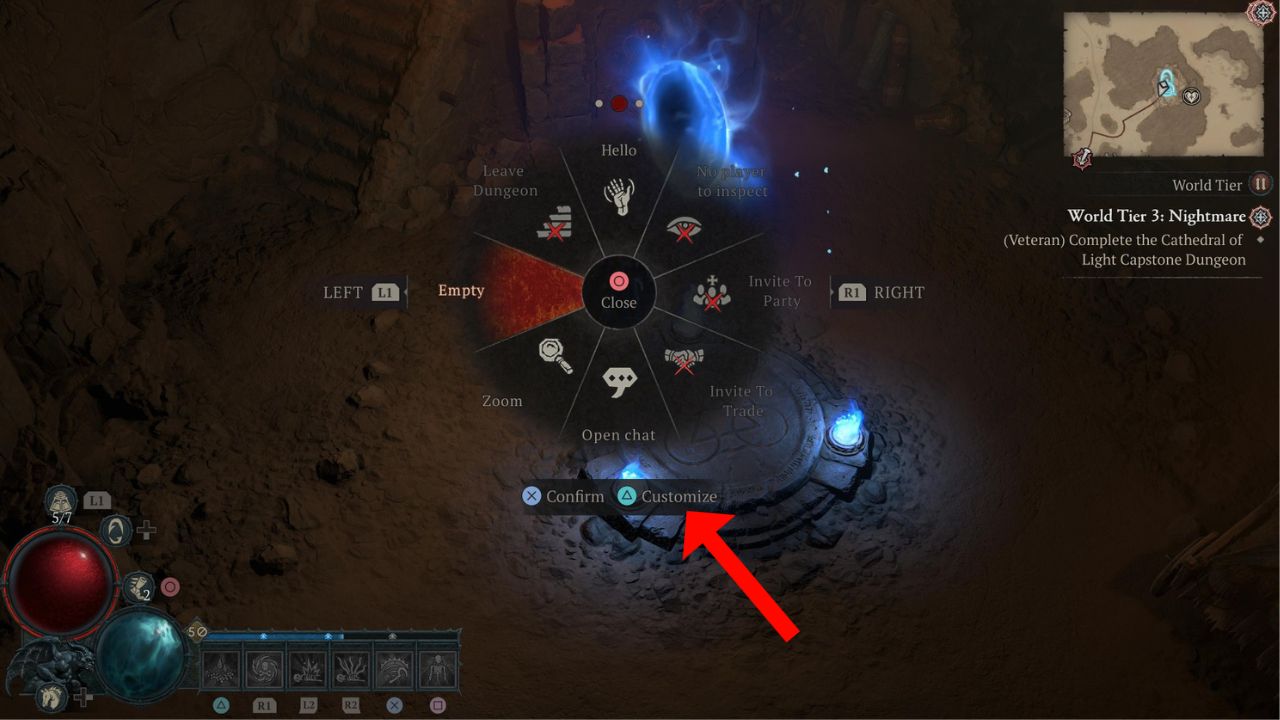 Red arrow pointing to customize button on the action wheel screen in diablo 4