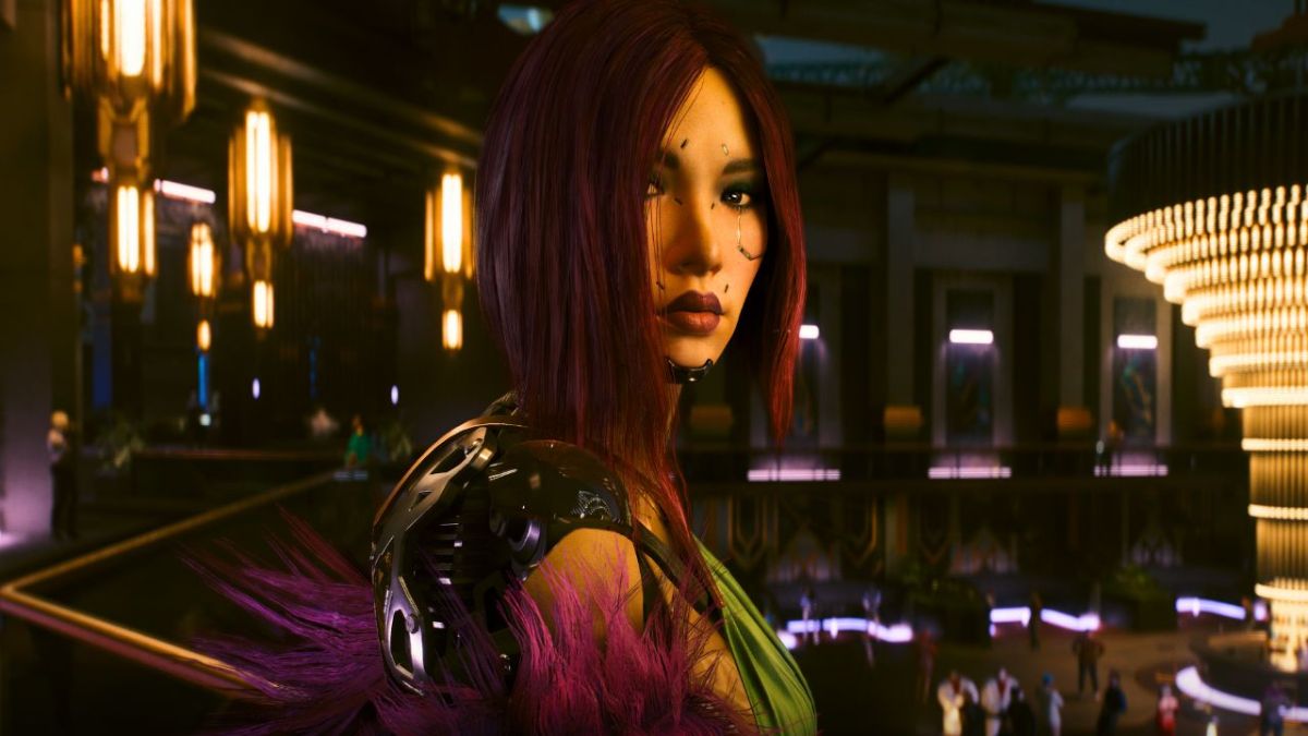 A woman with a bob wearing feathers in a lounge in Cyberpunk