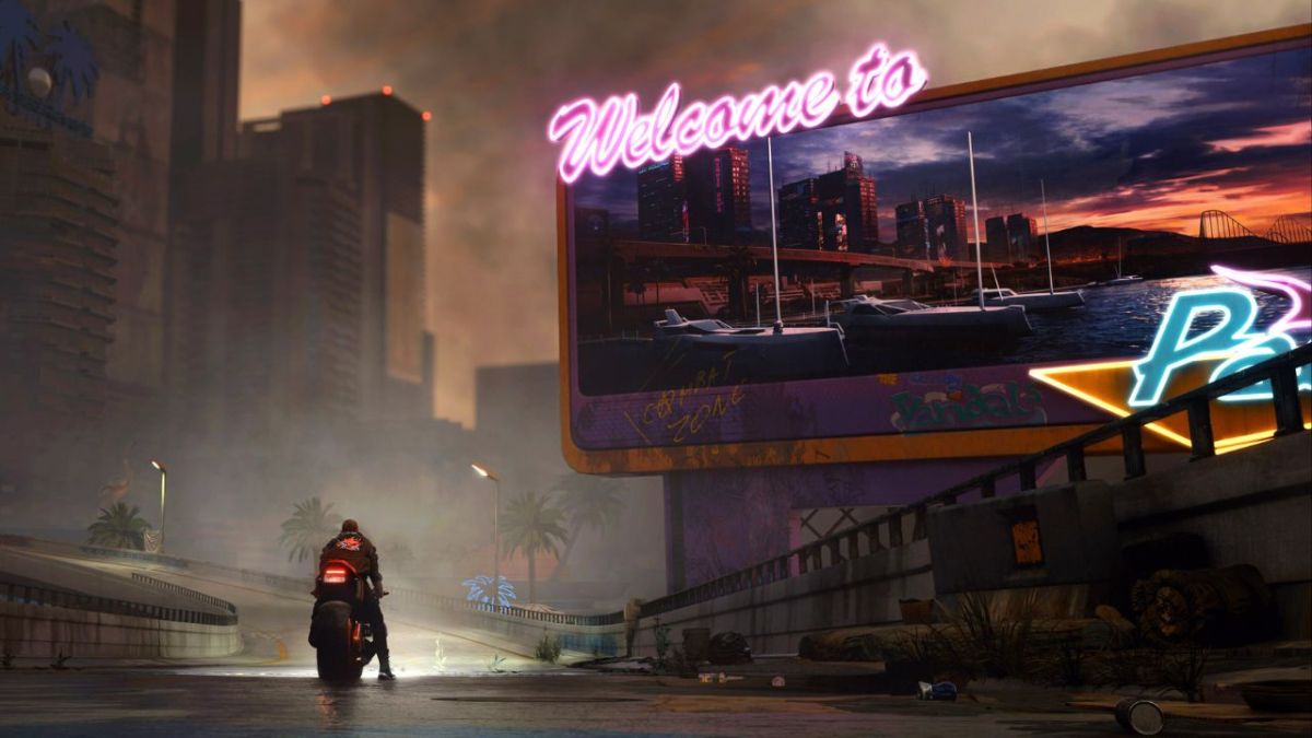 A man on a motorbike next to a neon sign in Cyberpunk 2077