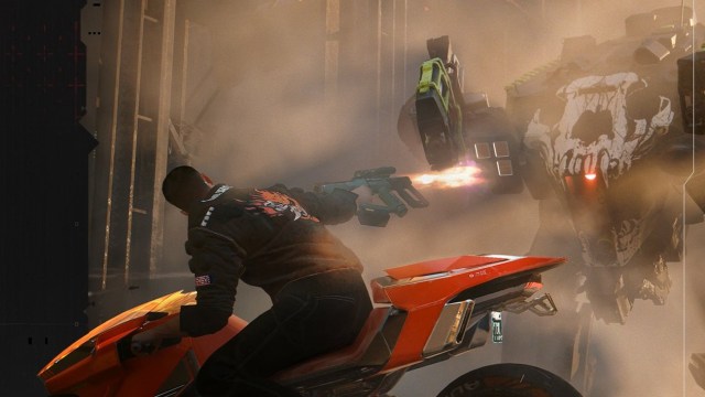Cyberpunk 2077 character on a motorcycle while firing a weapon. There's a cloud of dust in the air.