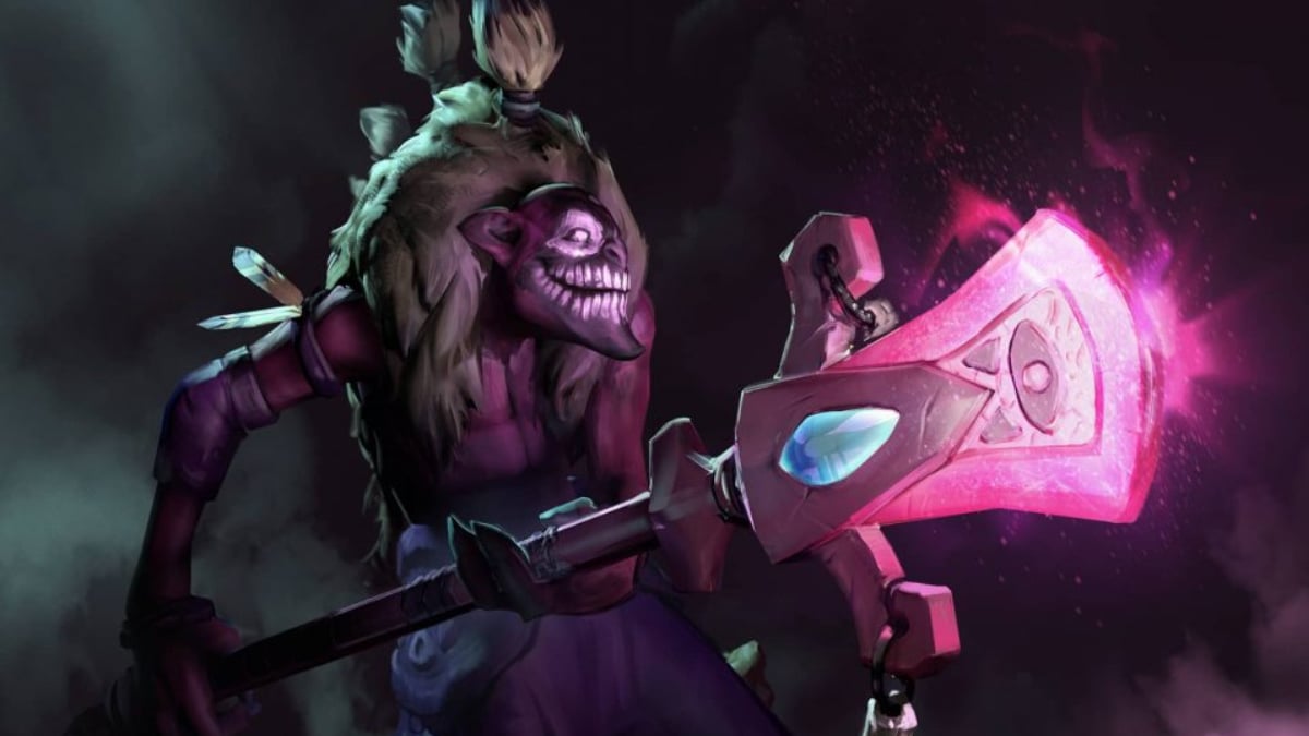 Dazzle, from Dota 2, a Shaman holding a glowing pink staff preparing to heal.