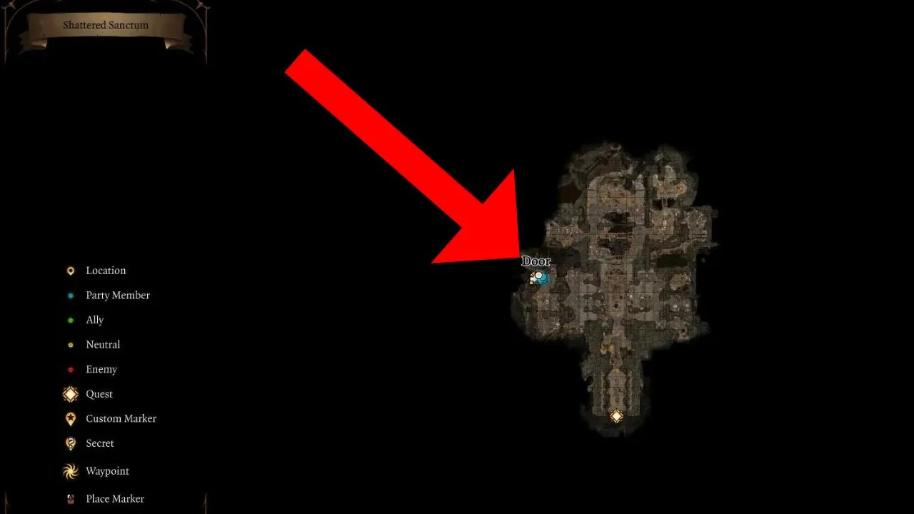 Red arrow pointing to the door to the defiled temple in bg3