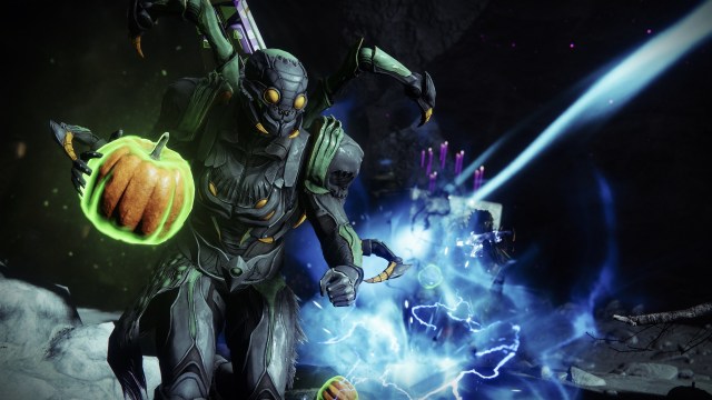 A Titan in insect-themed armor carries a glowing pumpkin while under attack from bolts of Arc energy.