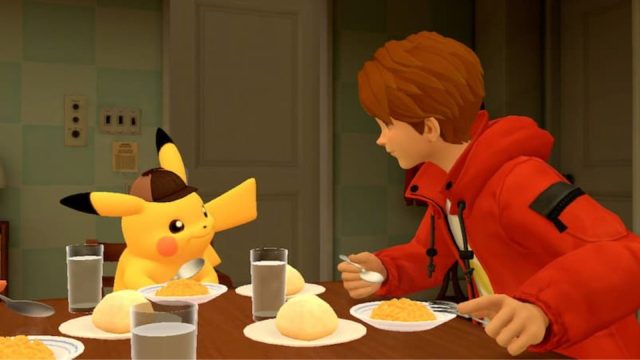 pikachu eating with tim in detective pikachu returns