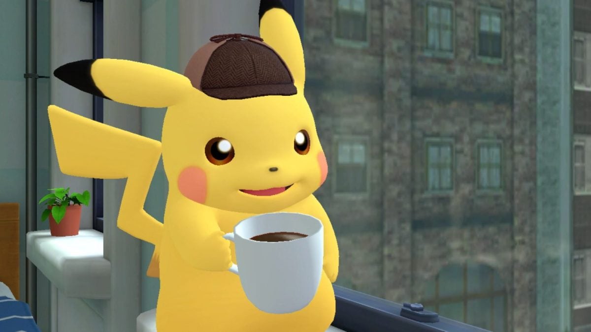 Pikachu drinking coffee in Detective Pikachu Returns