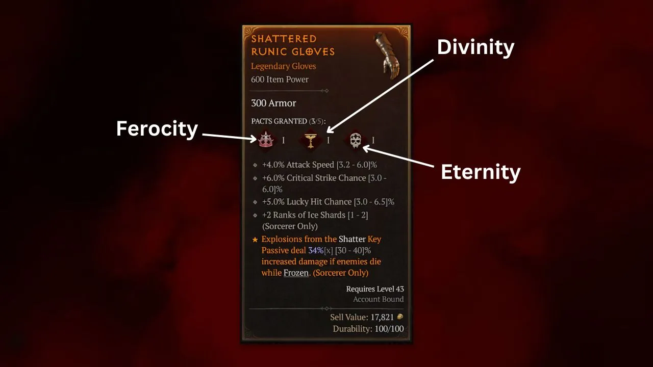A card showing season two gloves with new pacts to unlock vampire powers in diablo 4