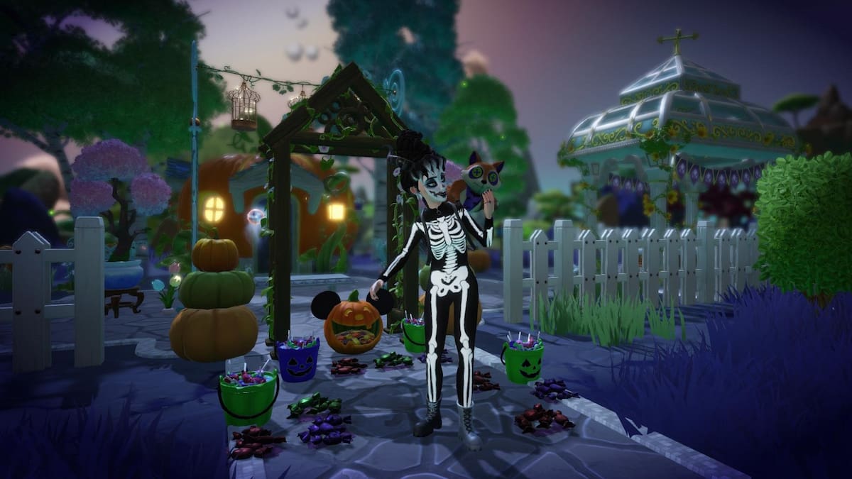 A player dressed as a black and white skeleton petting their raccoon while standing in a shadowy forest surrounded by candy and candy buckets on the ground in Disney Dreamlight Valley.