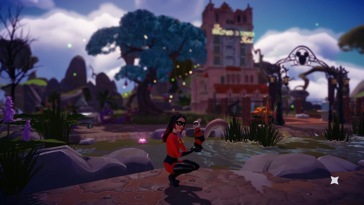 The player dressed in a red and black Incredibles super suit with a black hero mask kneeling next to a river while holding their squirrel who is also wearing a super suit in Disney Dreamlight Valley.