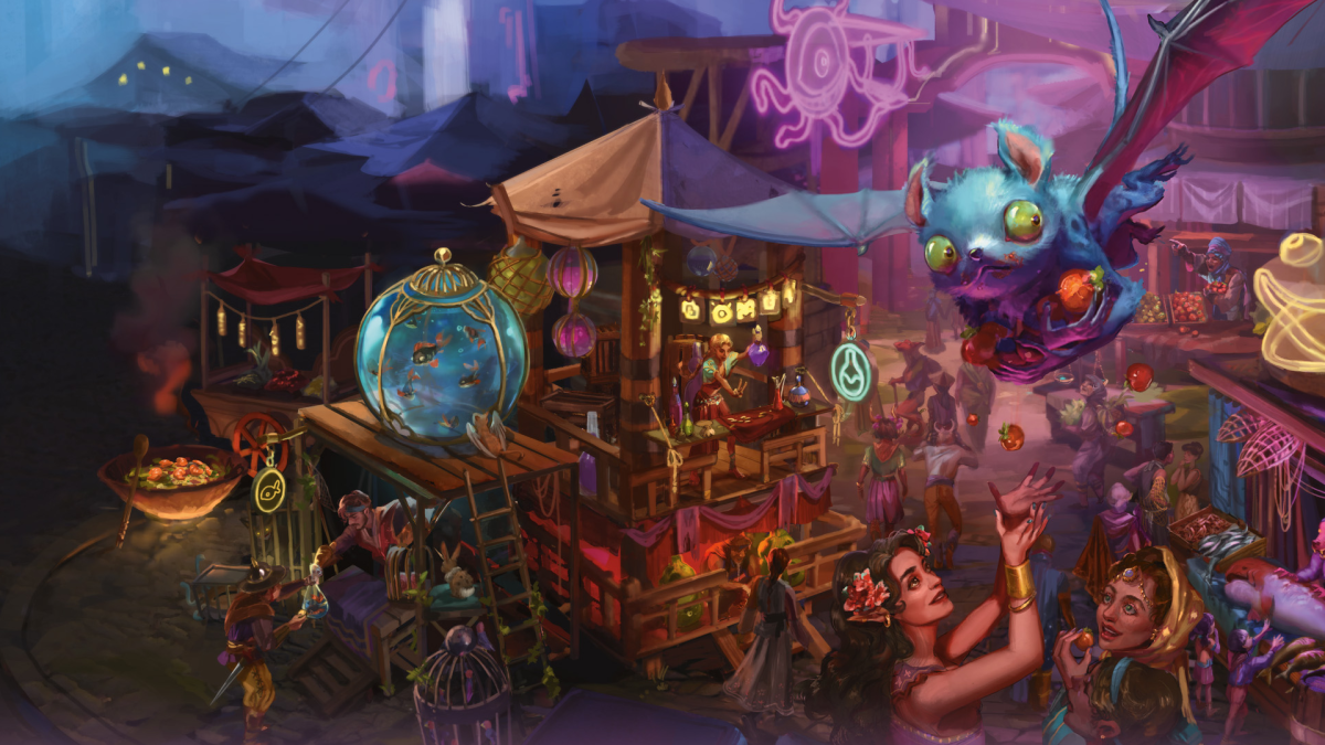 A full, vibrant fantasy bazaar in DnD 5E, full of people goods, tents, and even a flying creature delivering some items in a basket.