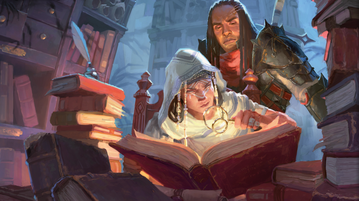 A woman in a white cloak reads from a large tome while a warrior watches from behind in DnD 5E.