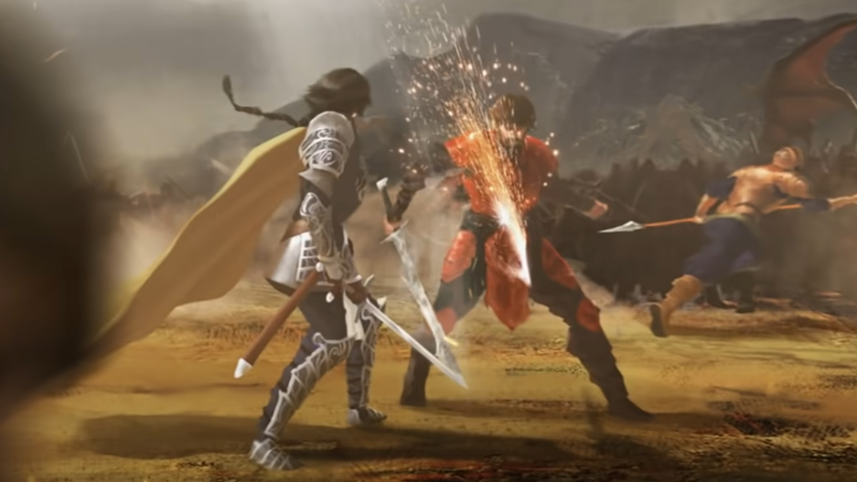 A woman in silver armor and with a silver sword does a vertical slash on a red-armored man in the middle of a battlefield in DnD 5E's Dragonlance setting.