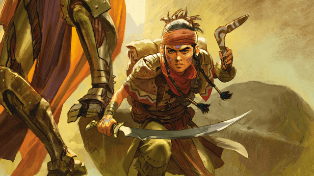 A young human with explorer's gear and a backpack holds a scimitar and a boomerang as they look towards the viewer in the Eberron campaign setting of DnD 5E.