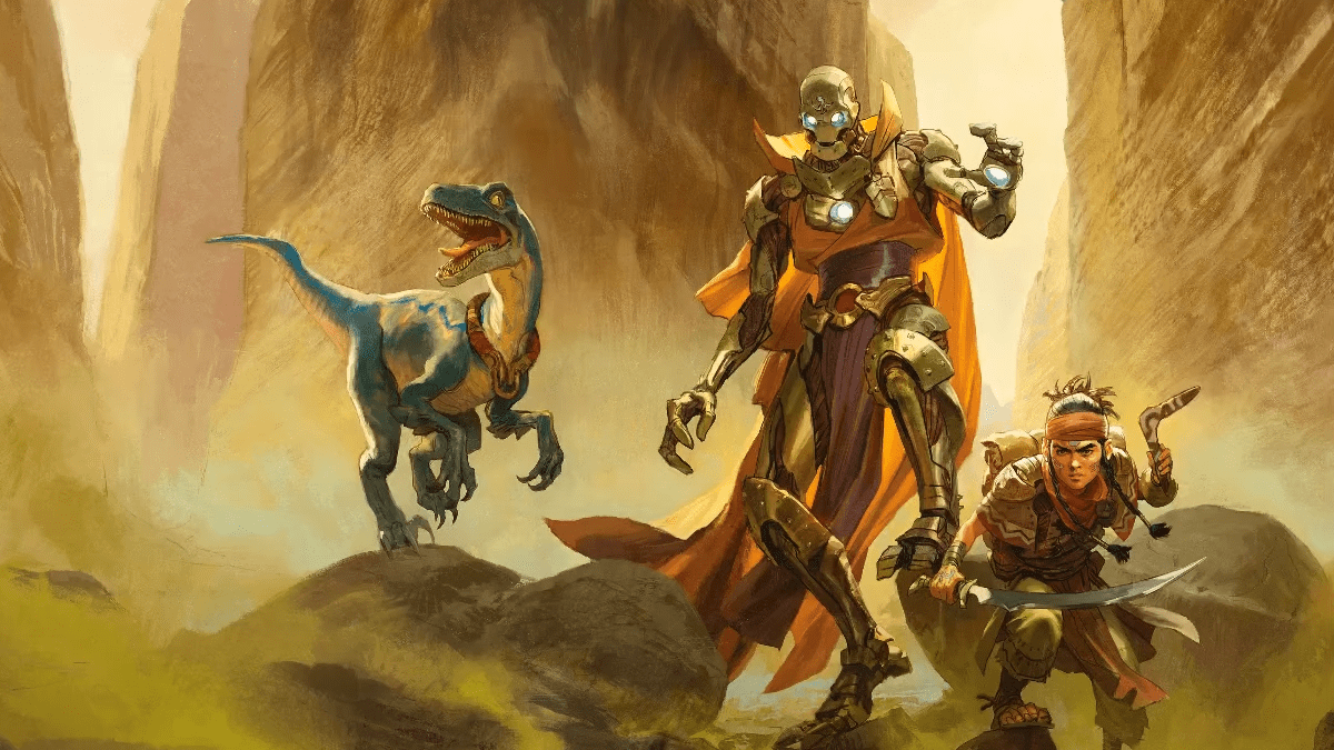 A robot wearing a cloak with a blue core stands next to a short man holding a boomerang and sword and a velociraptor, crying to the left, inside of a canyon in the DnD 5E campaign or Eberron.